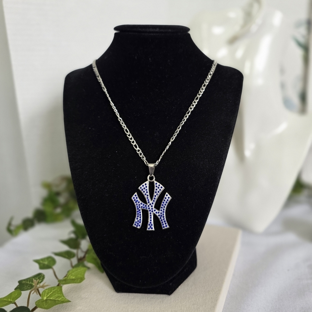 Silver Stainless Steel Figaro Chain Necklace and New York Yankees Blue Pendant